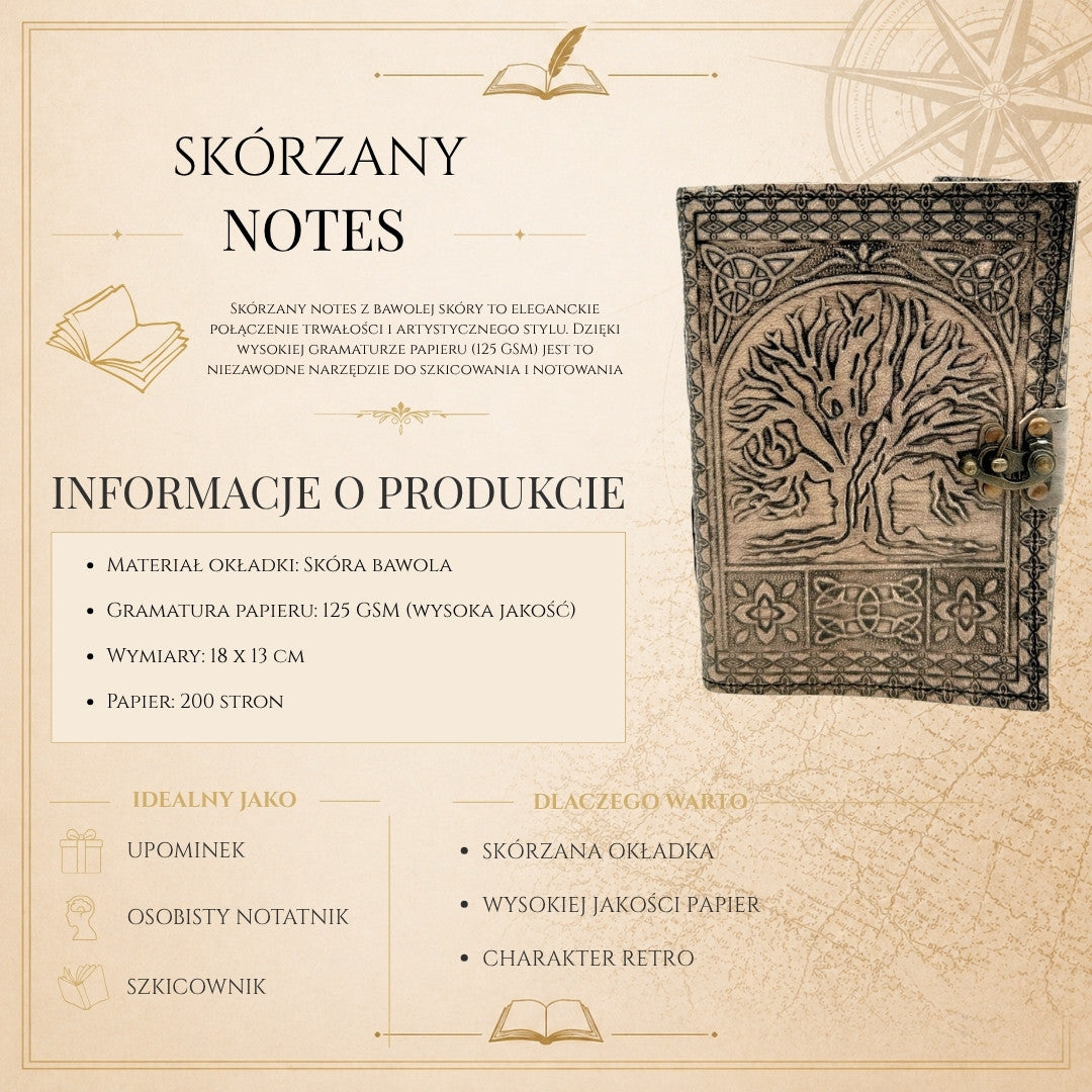 Retro-Ledernotizbuch Baum des Lebens mit Gravur