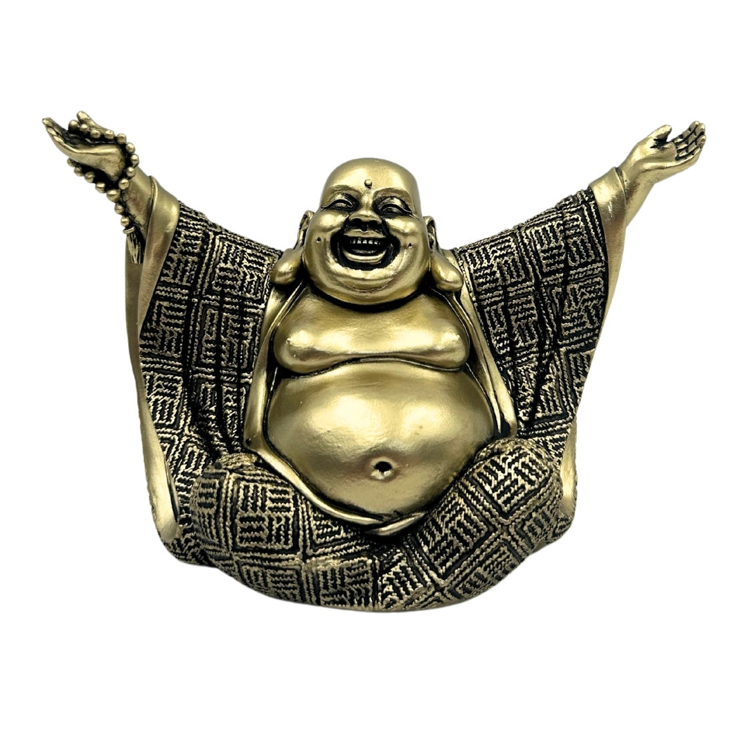 Figur des fröhlichen Buddha in Gold mit personalisierbarer Gravur – elegante Geschenkdekoration, Höhe 17,1 cm aus Polyresin, Symbol für Reichtum und Glück