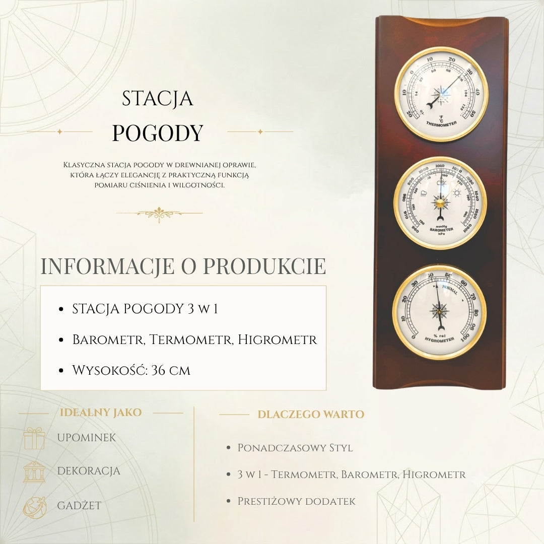 Elegante Retro-Wetterstation 36 cm mit Gravur – Barometer, Thermometer, Hygrometer im Holzgehäuse
