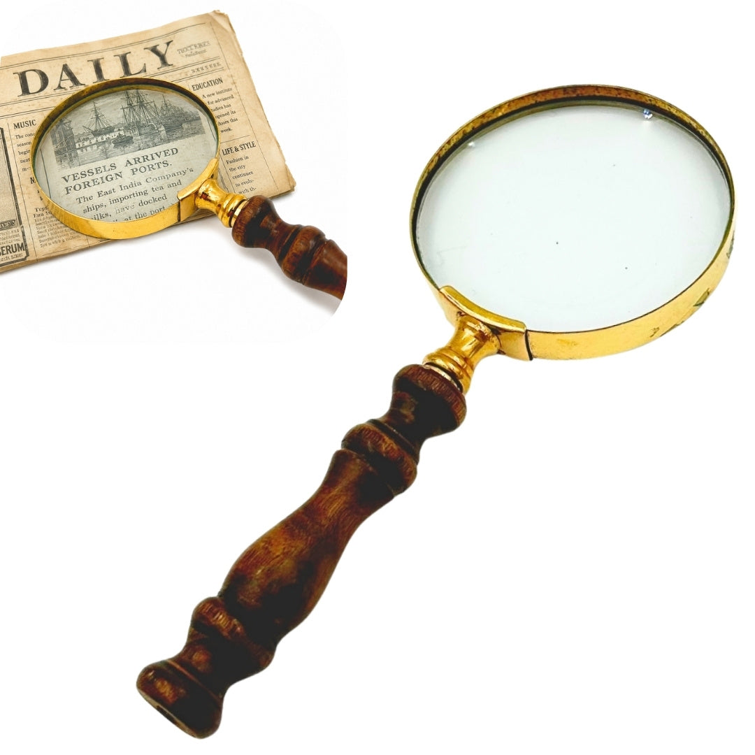 Retro-Lupe aus Messing mit Holzgriff - Vergrößerungsglas 18 cm mit Personalisierung durch Gravur
