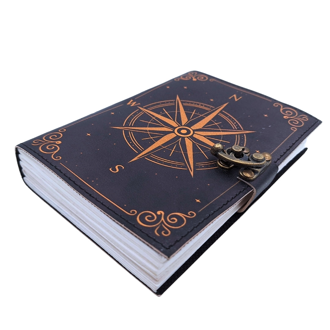 Retro Leder-Notizbuch Windrose Schwarz-Gold mit personalisierter Gravur