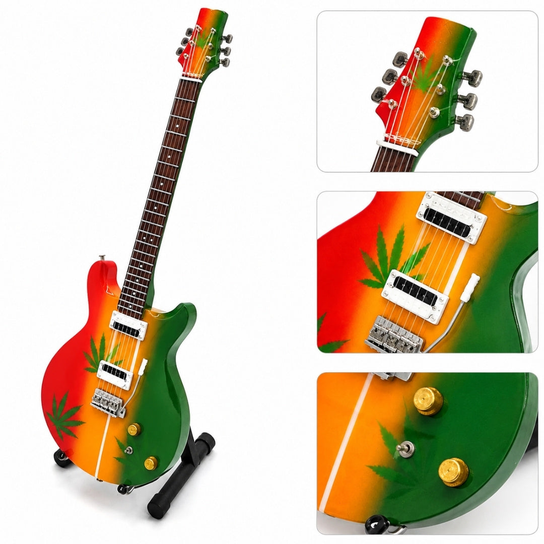 Mini-Gitarre Bob Marley Tribute Ganja MGT-0468 mit Möglichkeit zur personalisierten Gravur, ideales Geschenk für Reggae-Fans, handgefertigt aus Mahagoniholz, Höhe 27,5 cm, Farbe Gelb, Rot, Grün, Weiß