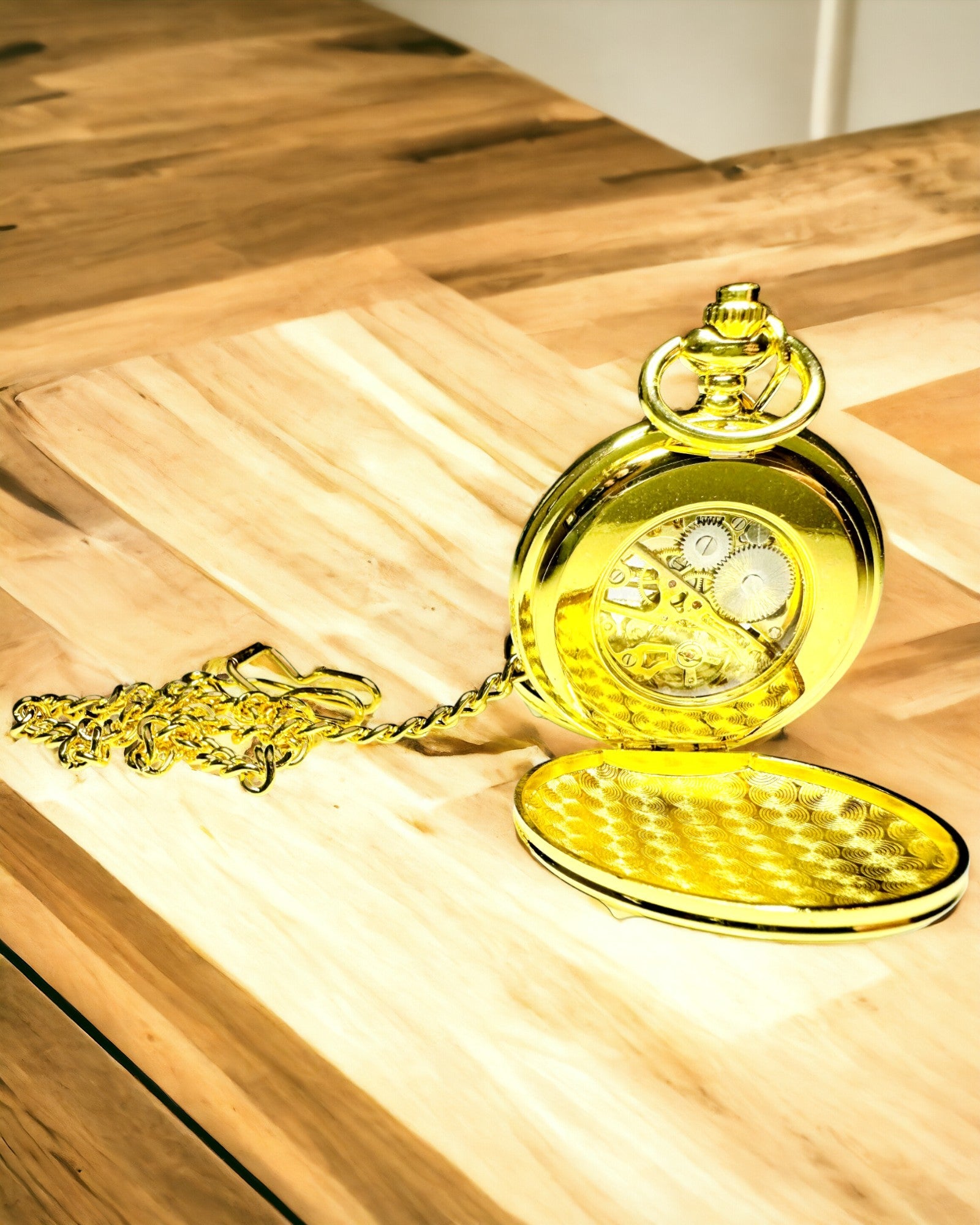 Klassische mechanische Taschenuhr mit Doppeldeckel, manuell, goldfarben, mit Gravur