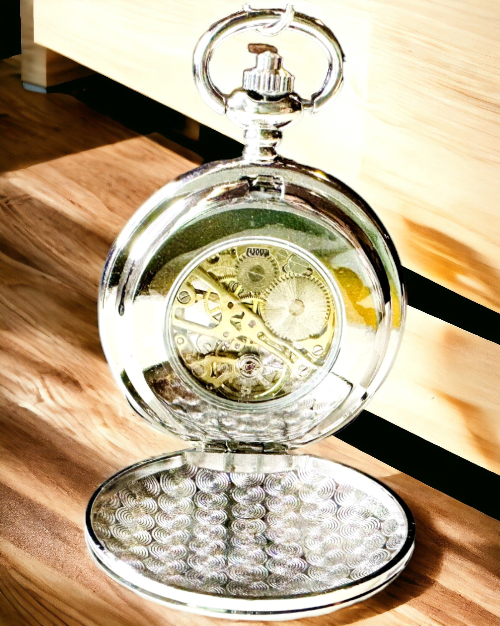 Klassische mechanische Taschenuhr mit Doppeldeckel, manuell, silberfarben