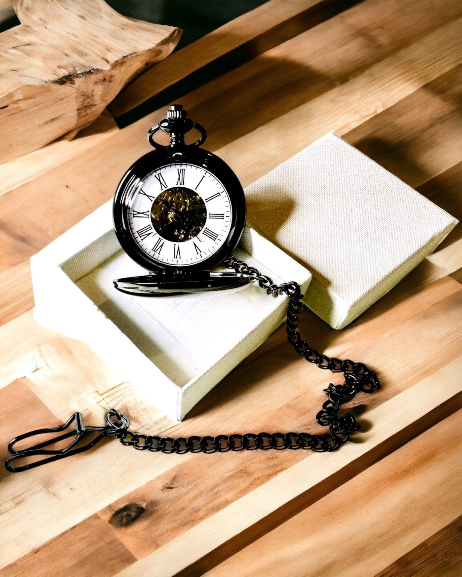 Klassische Mechanische Taschenuhr mit Doppelabdeckung – Manuell, Schwarz, Personalisierung mit Gravur