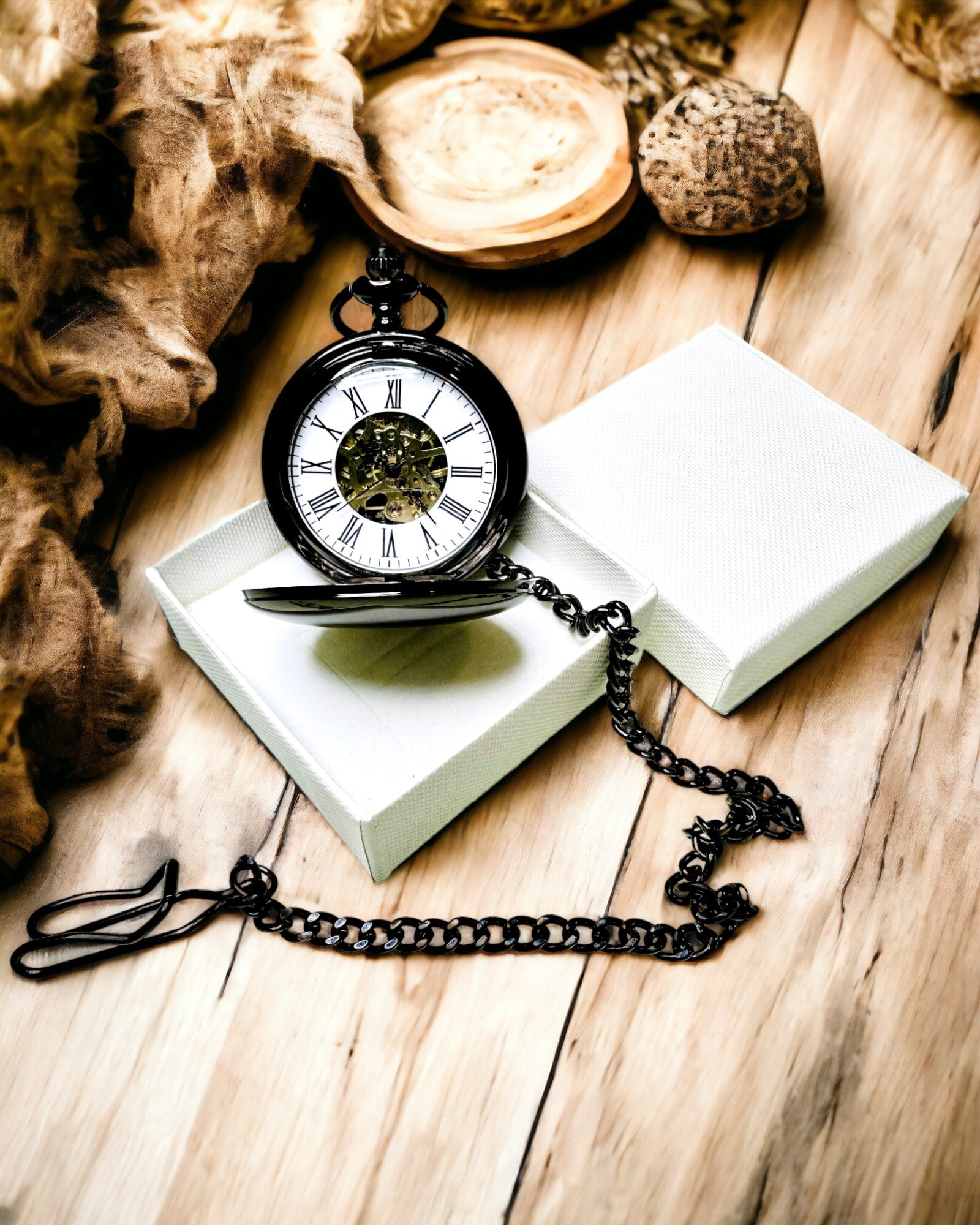 Klassische Mechanische Taschenuhr mit Doppelabdeckung – Manuell, Schwarz, Personalisierung mit Gravur