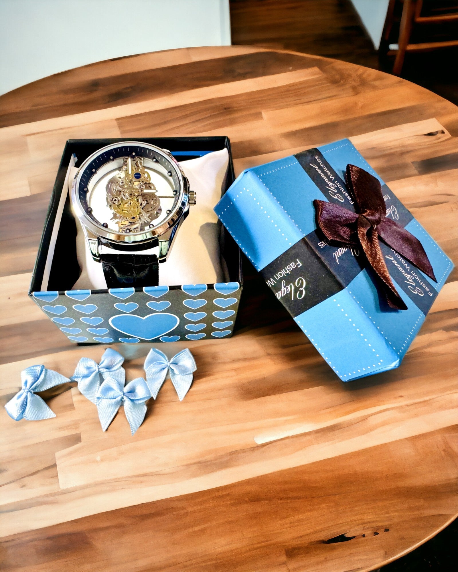 Herren-Quarzuhr mit transparentem Zifferblatt - Klassische Eleganz in modernem Design, schwarzes Armband. Personalisierung mit Gravur.