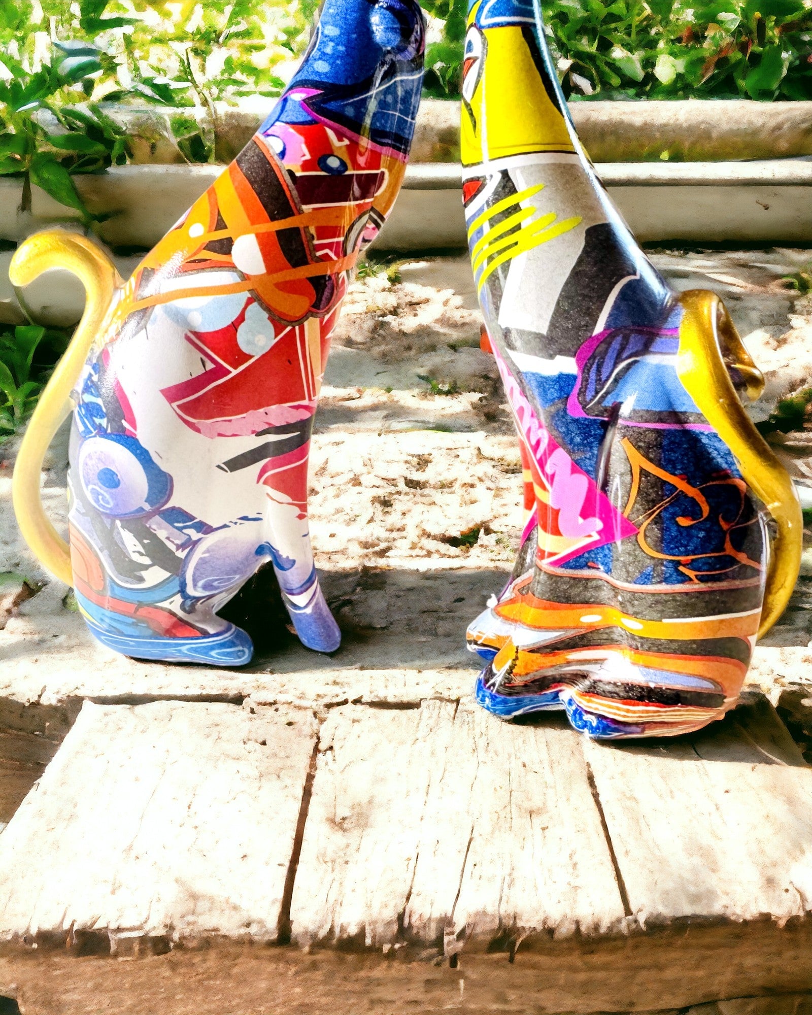 Abstrakte Katzenfiguren "ArtCats", handbemalt, Harz – 25 cm, 2 Stk.