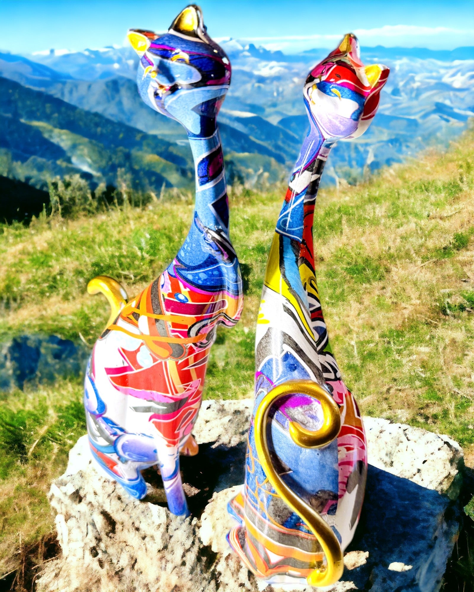 Abstrakte Katzenfiguren "ArtCats", handbemalt, Harz – 25 cm, 2 Stk.