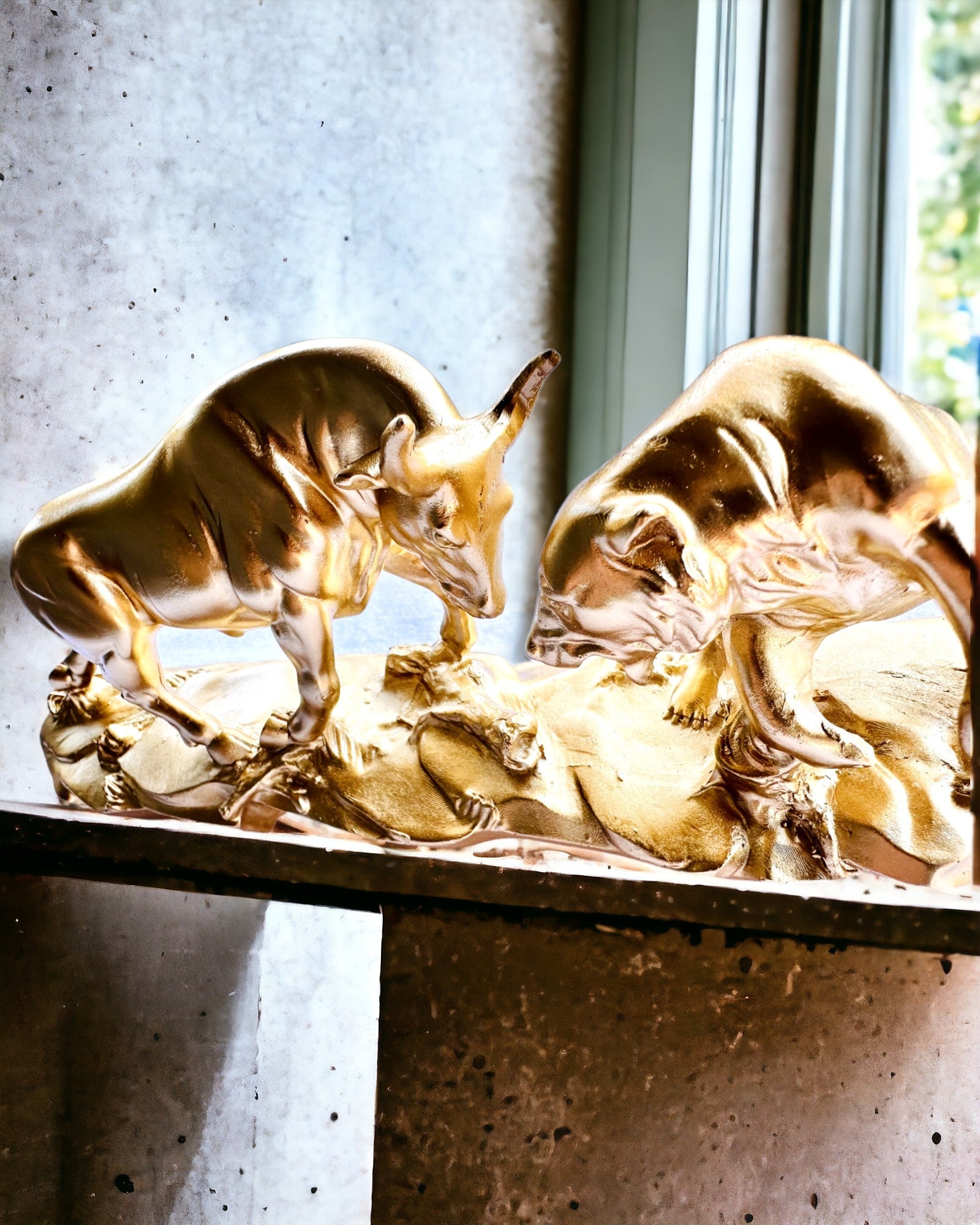 Duel der Mächtigen - Dekorative Skulptur Stier und Bär - Personalisierung mit Gravur möglich - Farbe Gold