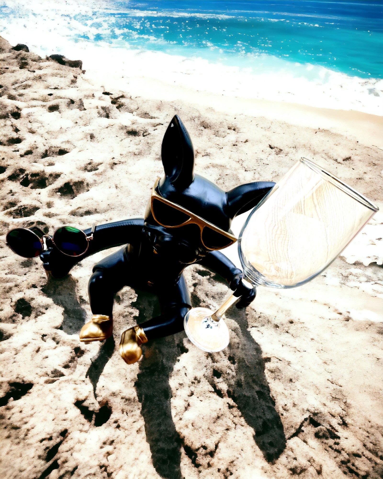 Exklusive Figur "Stilvoller Bulldogge", Farbe Schwarz, Halter für Weinglas oder Champagnerglas, Personalisierung mit Gravur