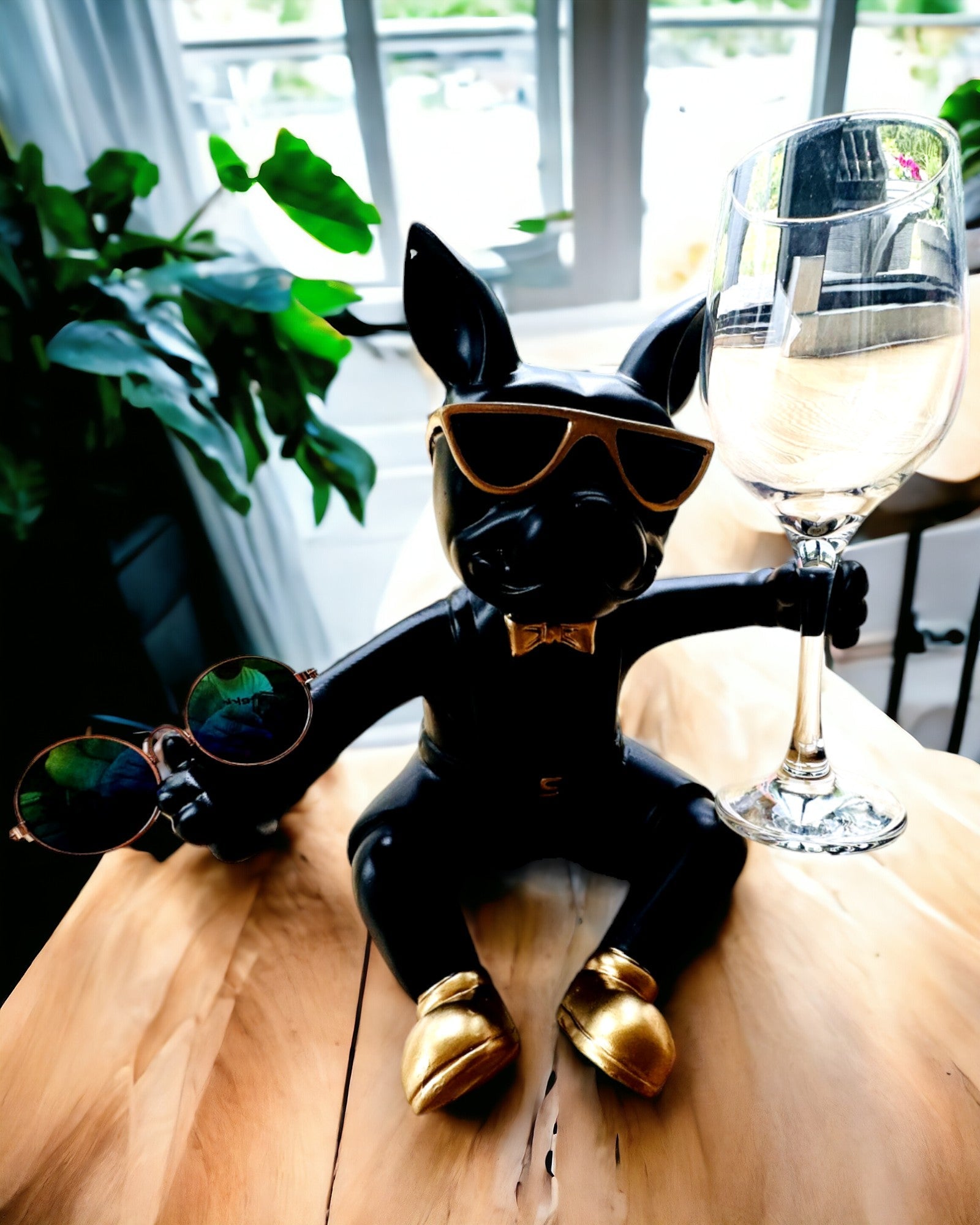 Exklusive Figur "Stilvoller Bulldogge", Farbe Schwarz, Halter für Weinglas oder Champagnerglas, Personalisierung mit Gravur