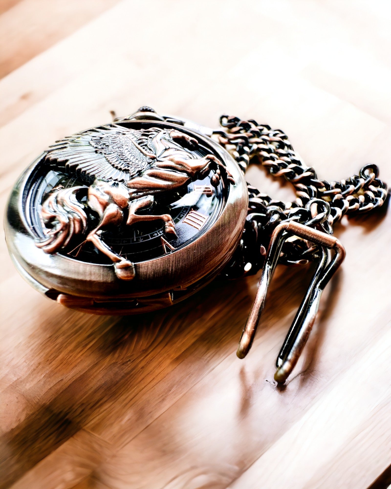 Taschenuhr "Equus Tempus" - Farbe: Braun, Roségold mit Pferdemotiv, Personalisierung mit Gravur möglich