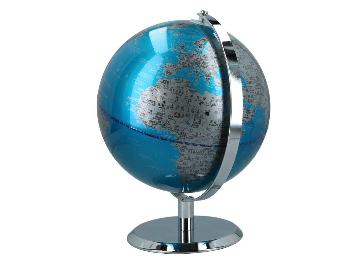 Großer dekorativer Globus in Blau-Silber mit Möglichkeit zur Personalisierung durch Gravur, 23 cm hoch