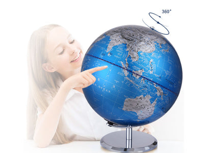 Großer dekorativer Globus in Blau-Silber mit Möglichkeit zur Personalisierung durch Gravur, 23 cm hoch