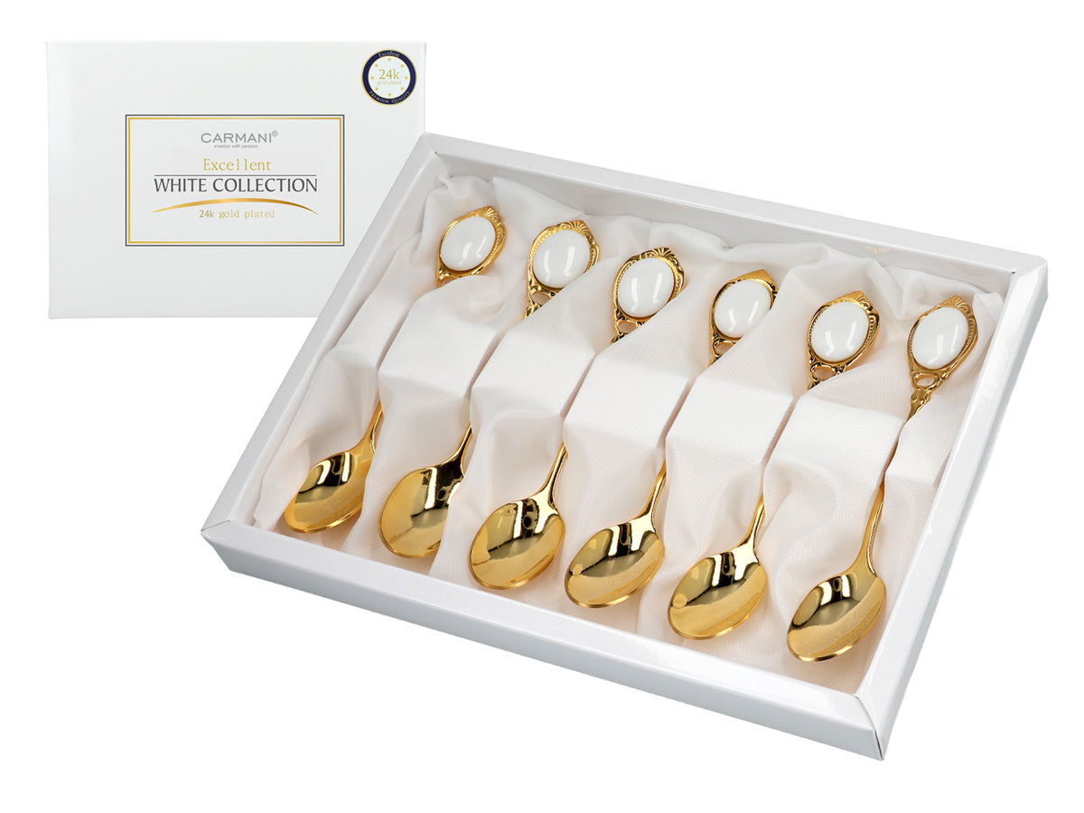 Set mit 6 mit 24K Gold beschichteten Löffelchen Weiße Ösen CARMANI mit Möglichkeit zur Personalisierung durch Gravur - elegantes Geschenk für jeden Anlass, Maße 13 cm