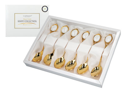 Set mit 6 mit 24K Gold beschichteten Löffelchen Weiße Ösen CARMANI mit Möglichkeit zur Personalisierung durch Gravur - elegantes Geschenk für jeden Anlass, Maße 13 cm