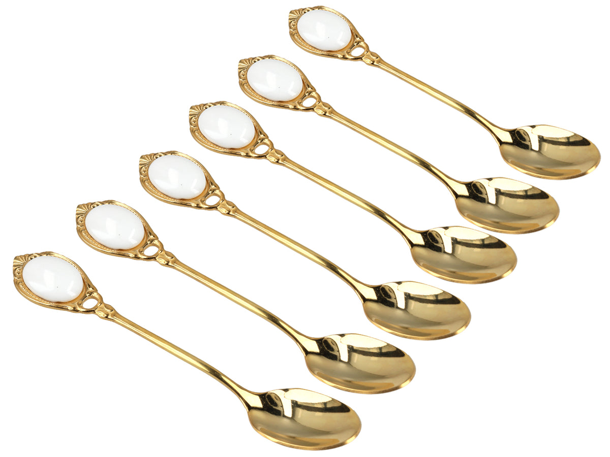 Set mit 6 mit 24K Gold beschichteten Löffelchen Weiße Ösen CARMANI mit Möglichkeit zur Personalisierung durch Gravur - elegantes Geschenk für jeden Anlass, Maße 13 cm