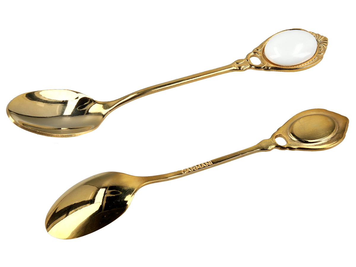 Set mit 6 mit 24K Gold beschichteten Löffelchen Weiße Ösen CARMANI mit Möglichkeit zur Personalisierung durch Gravur - elegantes Geschenk für jeden Anlass, Maße 13 cm