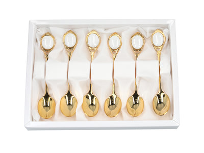 Set mit 6 mit 24K Gold beschichteten Löffelchen Weiße Ösen CARMANI mit Möglichkeit zur Personalisierung durch Gravur - elegantes Geschenk für jeden Anlass, Maße 13 cm