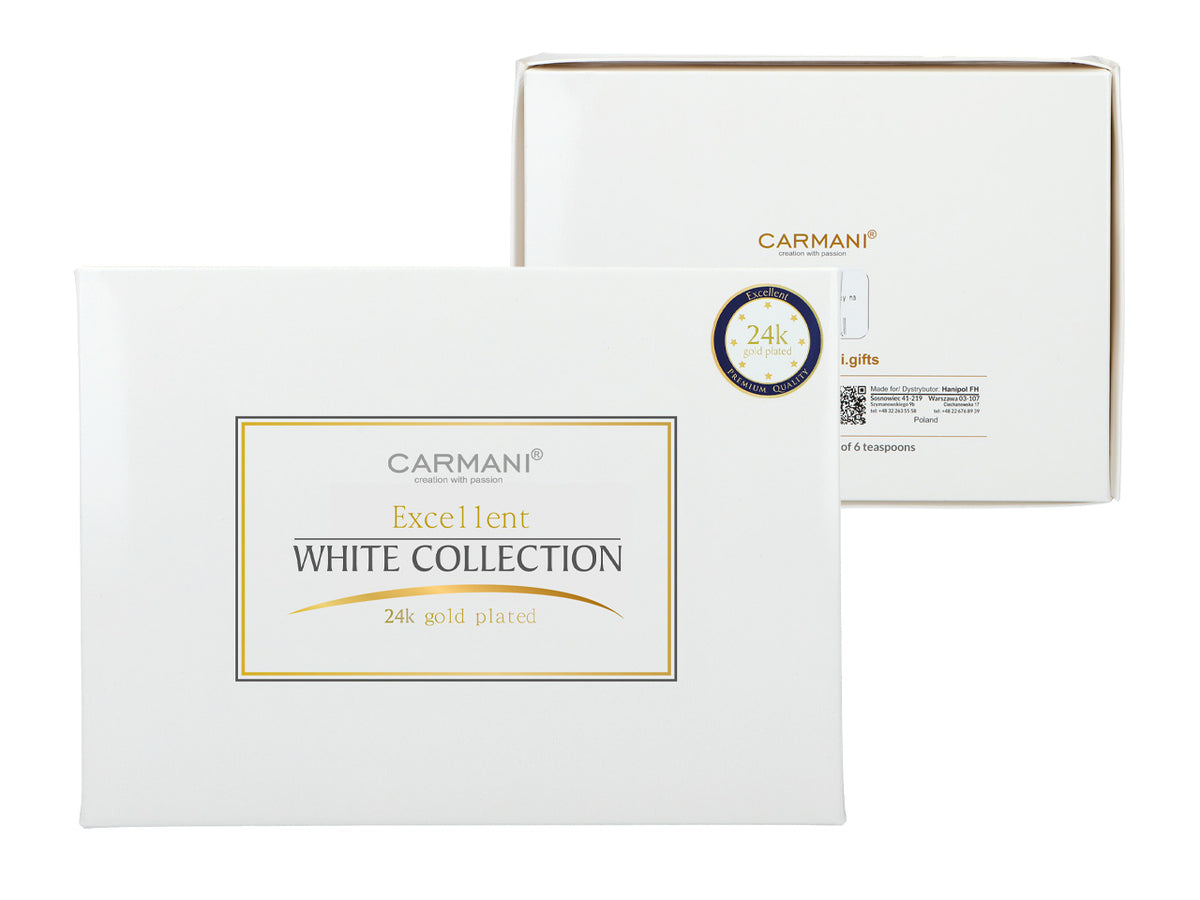Set mit 6 mit 24K Gold beschichteten Löffelchen Weiße Ösen CARMANI mit Möglichkeit zur Personalisierung durch Gravur - elegantes Geschenk für jeden Anlass, Maße 13 cm
