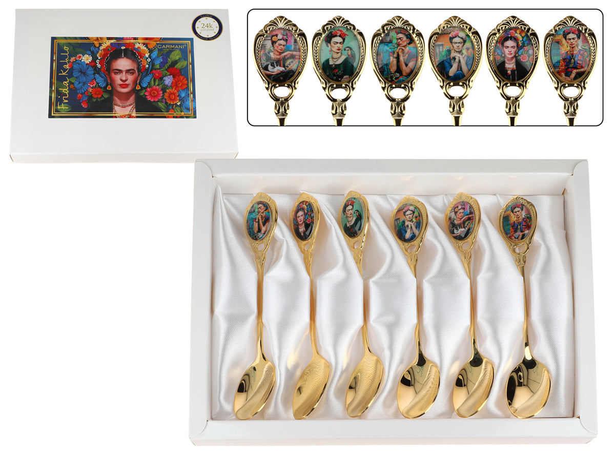 Set aus 6 mit 24K Gold beschichteten Löffelchen F. Kahlo mit Möglichkeit zur Personalisierung durch Gravur - elegantes Besteck als Geschenk, 13 cm, CARMANI