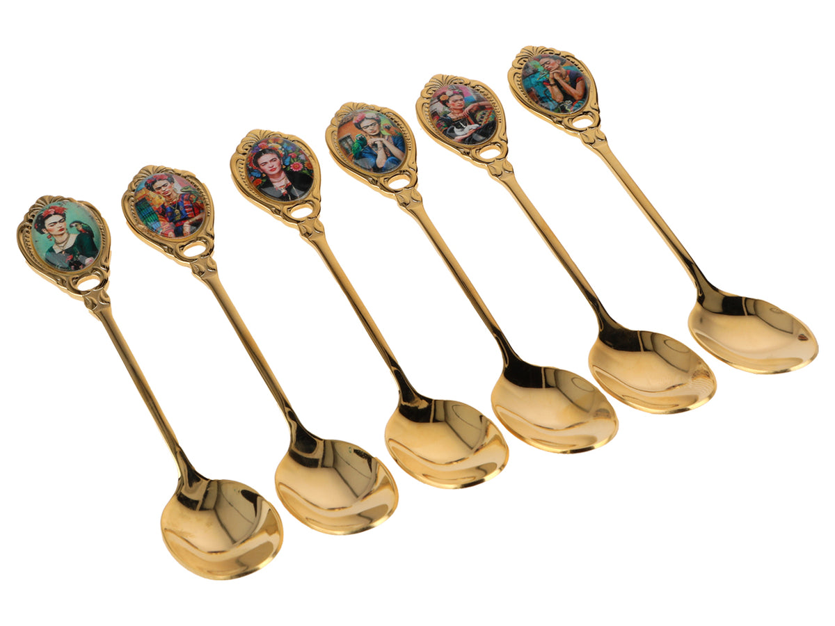 Set aus 6 mit 24K Gold beschichteten Löffelchen F. Kahlo mit Möglichkeit zur Personalisierung durch Gravur - elegantes Besteck als Geschenk, 13 cm, CARMANI