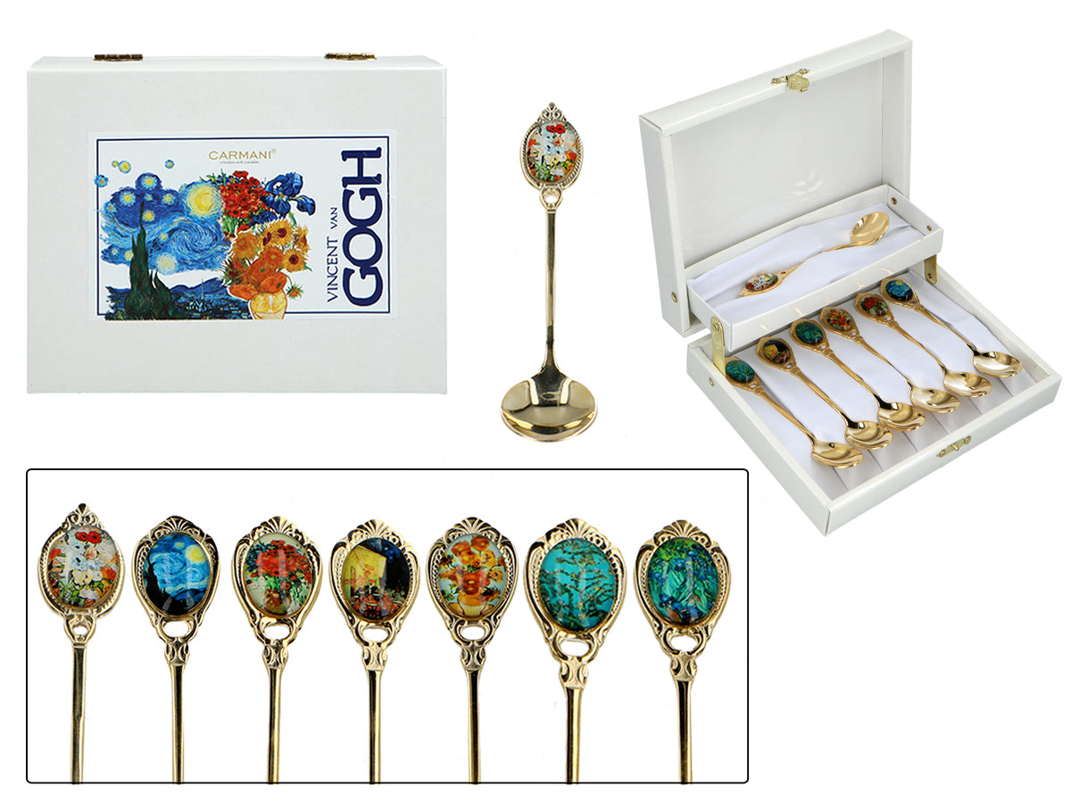 Set aus 6 mit 24K Gold beschichteten Löffelchen mit 1 Zuckerlöffel - V. van Gogh, Mix, Möglichkeit zur Personalisierung durch Gravur, elegante Geschenkverpackung, Maße 13 cm