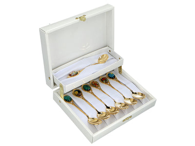 Set aus 6 mit 24K Gold beschichteten Löffelchen mit 1 Zuckerlöffel - V. van Gogh, Mix, Möglichkeit zur Personalisierung durch Gravur, elegante Geschenkverpackung, Maße 13 cm