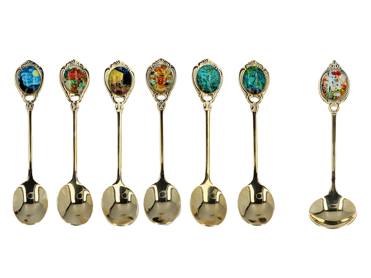 Set aus 6 mit 24K Gold beschichteten Löffelchen mit 1 Zuckerlöffel - V. van Gogh, Mix, Möglichkeit zur Personalisierung durch Gravur, elegante Geschenkverpackung, Maße 13 cm