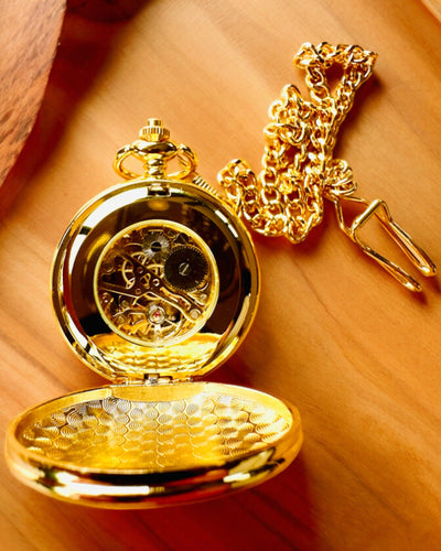 Grand Elegance Taschenuhr mit Doppeldeckel, Manuell, Goldfarben, mit Gravur als Geschenk