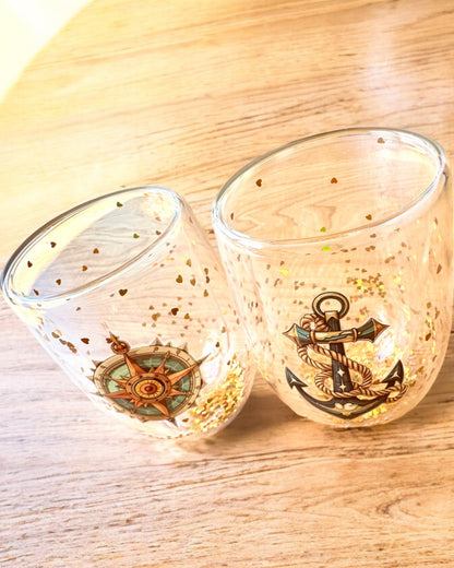 Doppelwandige Gläser "Nautical Dreams" mit Goldflocken - Set aus 2 Stück, 300 ml Fassungsvermögen, Personalisierung mit Gravur möglich