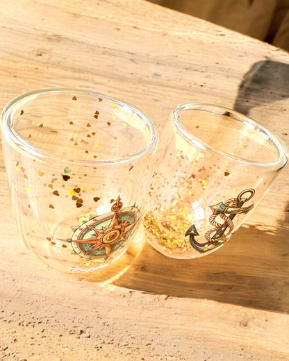 Doppelwandige Gläser "Nautical Dreams" mit Goldflocken - Set aus 2 Stück, 300 ml Fassungsvermögen, Personalisierung mit Gravur möglich