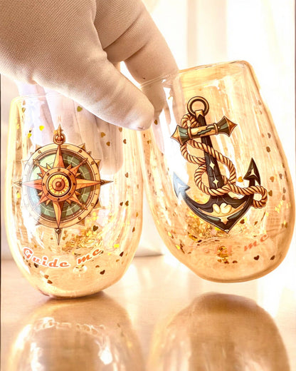 Doppelwandige Gläser "Nautical Dreams" mit Goldflocken - Set aus 2 Stück, 300 ml Fassungsvermögen, Personalisierung mit Gravur möglich