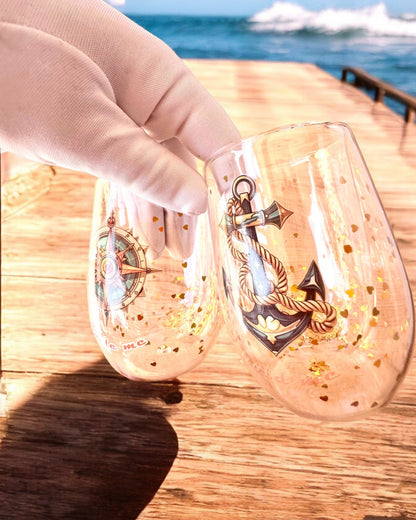 Doppelwandige Gläser "Nautical Dreams" mit Goldflocken - Set aus 2 Stück, 300 ml Fassungsvermögen, Personalisierung mit Gravur möglich
