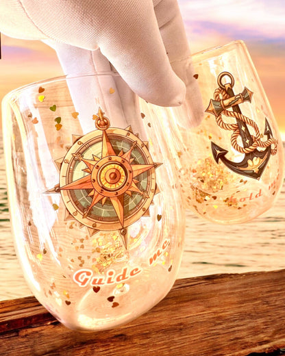Doppelwandige Gläser "Nautical Dreams" mit Goldflocken - Set aus 2 Stück, 300 ml Fassungsvermögen, Personalisierung mit Gravur möglich