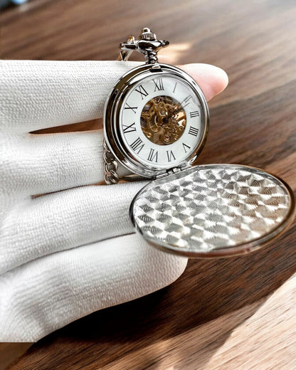 Klassische mechanische Taschenuhr mit Doppeldeckel, manuell, silberfarben