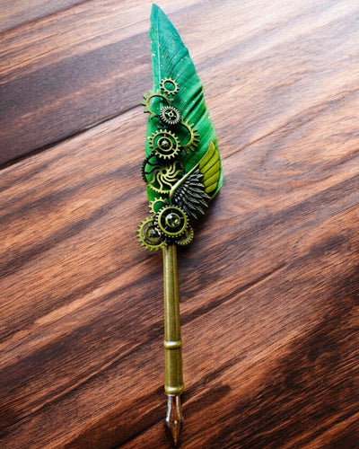 Kalligrafiefeder "Steampunk Eleganz" mit Truthahnfeder - Handgefertigt, 5 Varianten zur Auswahl, Personalisierung mit Gravur als Geschenk