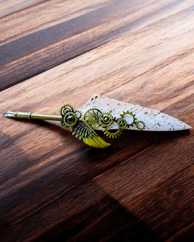 Kalligrafiefeder "Steampunk Eleganz" mit Truthahnfeder - Handgefertigt, 5 Varianten zur Auswahl, Personalisierung mit Gravur als Geschenk