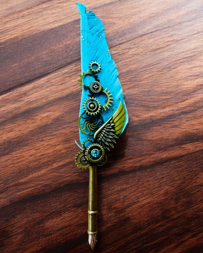 Kalligrafiefeder "Steampunk Eleganz" mit Truthahnfeder - Handgefertigt, 5 Varianten zur Auswahl, Personalisierung mit Gravur als Geschenk