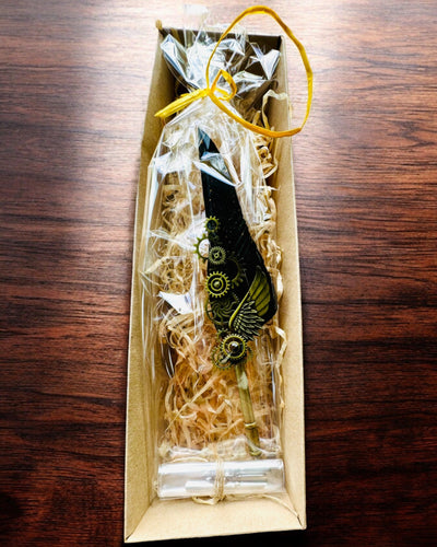 Kalligrafiefeder "Steampunk Eleganz" mit Truthahnfeder - Handgefertigt, 5 Varianten zur Auswahl, Personalisierung mit Gravur als Geschenk