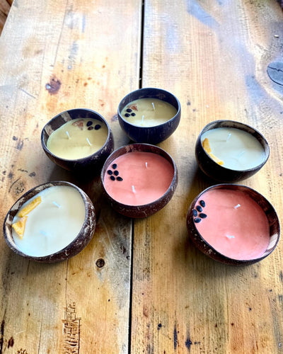 Sojakerze im Kokosnuss-Cup 200–300 ml – Summer Collection, 3 Düfte zur Auswahl, Personalisierung durch Gravur