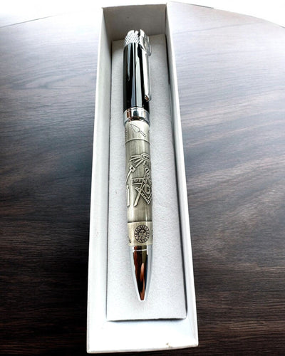 Eleganter Kugelschreiber "Meisterhafte Harmonie" mit Gravuroption - Symbolische Motive, Antikes Silber, Personalisierung mit Gravur als Geschenk möglich