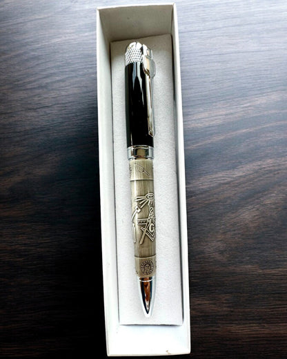 Eleganter Kugelschreiber "Meisterhafte Harmonie" mit Gravuroption - Symbolische Motive, Antikes Silber, Personalisierung mit Gravur als Geschenk möglich
