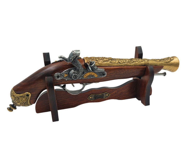 Replik einer Steinschlosspistole aus dem 18. Jahrhundert auf Ständer mit personalisierbarer Gravur – elegantes Deko-Element und ideales Geschenk für Geschichtsliebhaber – aus Metall und Holz, Länge 38 cm