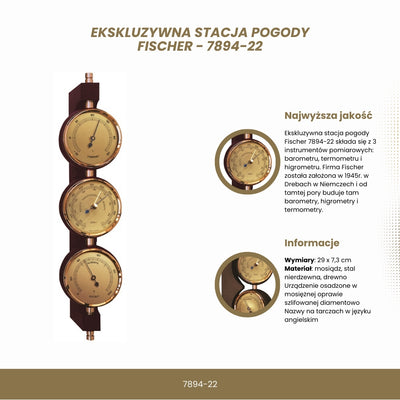 Exklusive Wetterstation Fischer 7894-22 aus Messing und Mahagoni mit personalisierter Gravur - Barometer, Thermometer und Hygrometer als Geschenk im klassischen Stil, Maße 29x7,3 cm