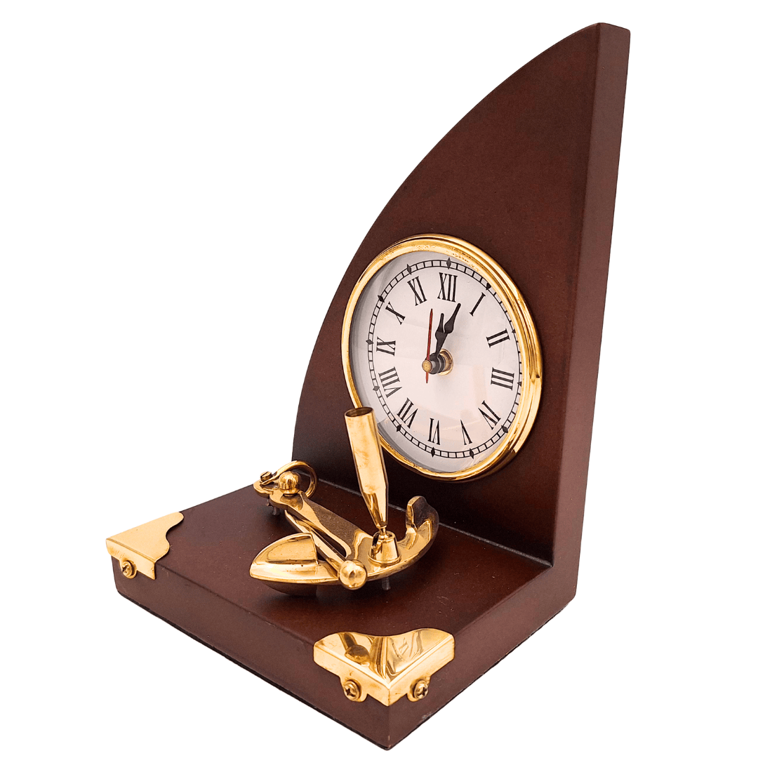Elegantes maritimes Schreibtischset mit Uhr und Stifthalter aus Messing und lackiertem Holz – Gravur-Personalisierung – Perfektes Geschenk für den Chef oder Liebhaber des Vintage-Stils – Maße 16 x 12,5 x 23 cm  