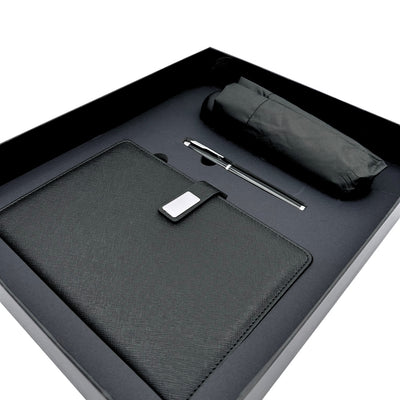 Elegantes Geschenkset mit Personalisierung - Leder-Notizbuch A5, Kugelschreiber und schwarzer Regenschirm in Geschenkbox