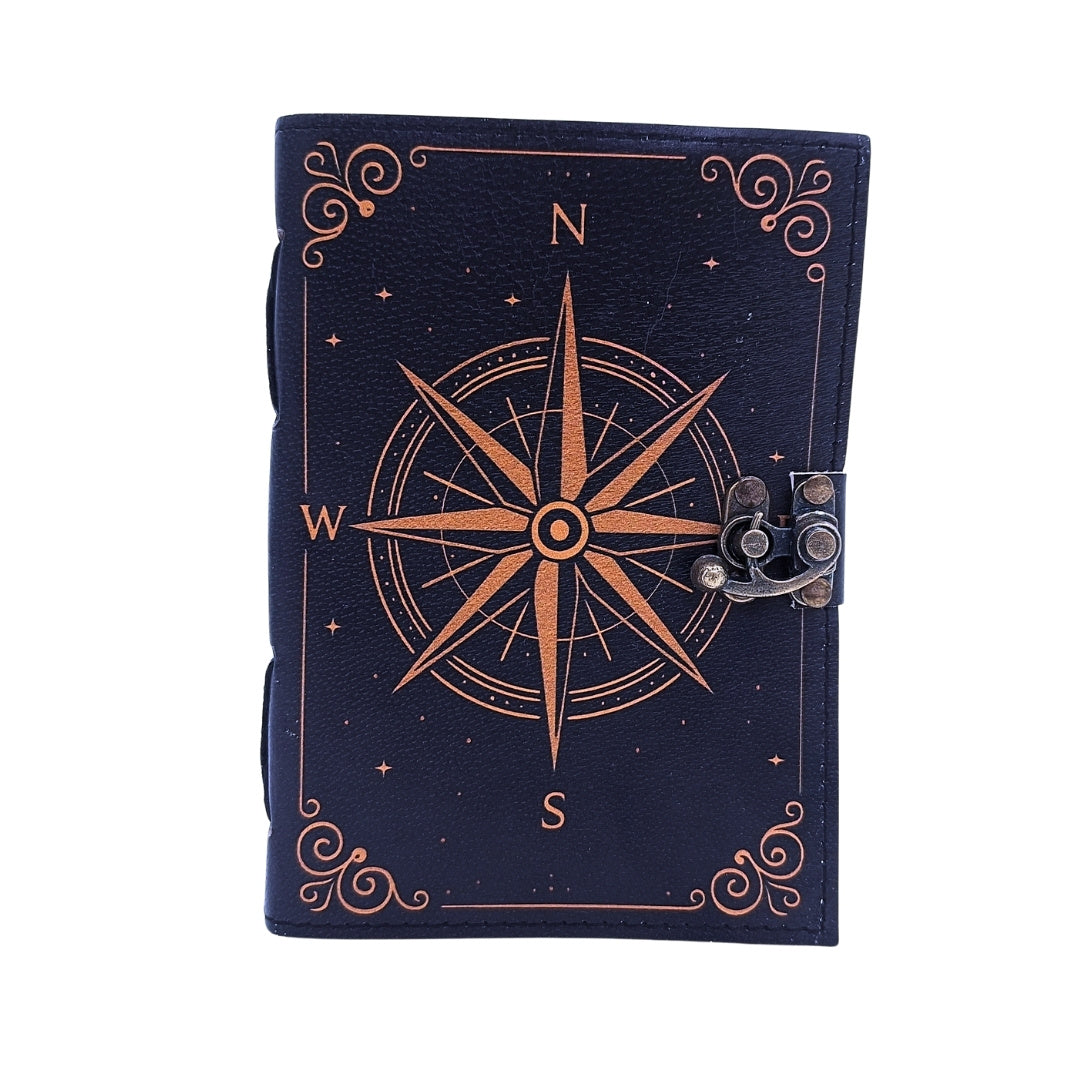 Retro Leder-Notizbuch Windrose Schwarz-Gold mit personalisierter Gravur