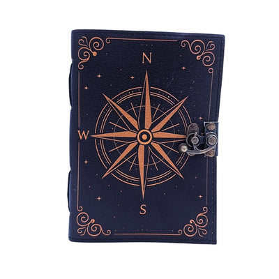 Retro Leder-Notizbuch Windrose Schwarz-Gold mit personalisierter Gravur